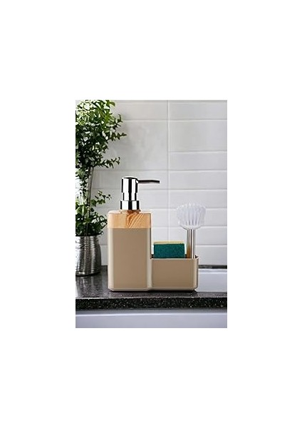 Coverest Bambu Desen Kapaklı Hazneli Sıvı Sabunluk Tezgah Üstü Mutfak Banyo Deterjanlık Fırça Sünge