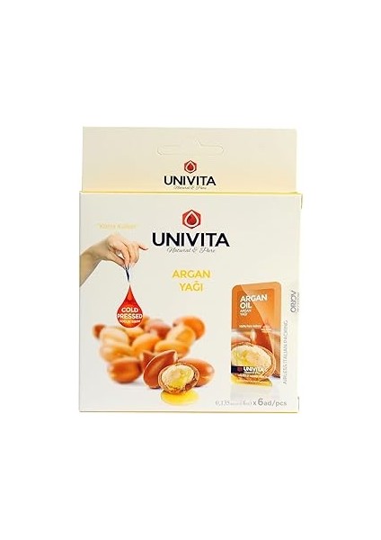 UNIVITA%100 Doğal Saf Soğuk Sıkım Argan Saç Kaş Kirpik Bakım Yağı 4 ml x 6 Adet