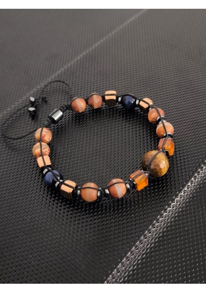 Tibet Akiği-Kaplangözü-Damla Kehribar-Hematit-Mavi Kaplangözü Doğaltaş Bileklik Takı Aksesuar Erkek Bileklik