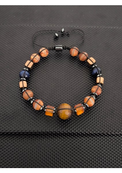 Tibet Akiği-Kaplangözü-Damla Kehribar-Hematit-Mavi Kaplangözü Doğaltaş Bileklik Takı Aksesuar Erkek Bileklik