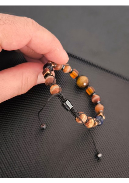 Tibet Akiği-Kaplangözü-Damla Kehribar-Hematit-Mavi Kaplangözü Doğaltaş Bileklik Takı Aksesuar Erkek Bileklik