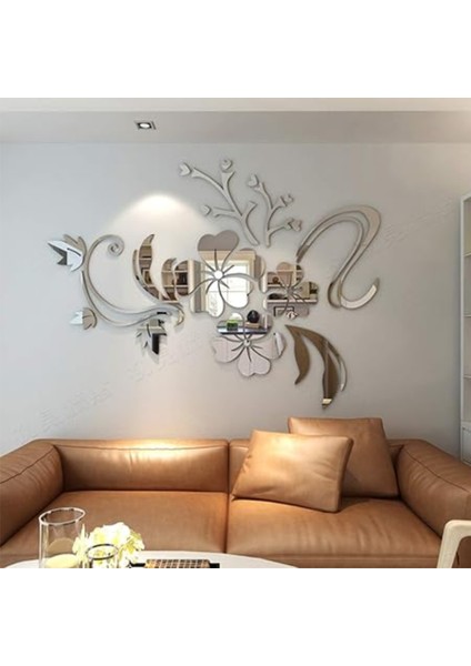 As Tasarım Asma Çiçek Model Ahşap+Akrilik Duvar Süs Dekorasyon Tablo 100 cm Gümüş Renk