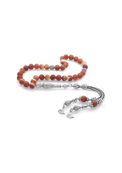 (Tesbihane) Kararmaz Metal Tuğra Püsküllü Küre Kesim Mat Kırmızı Akik Doğaltaş Tesbih