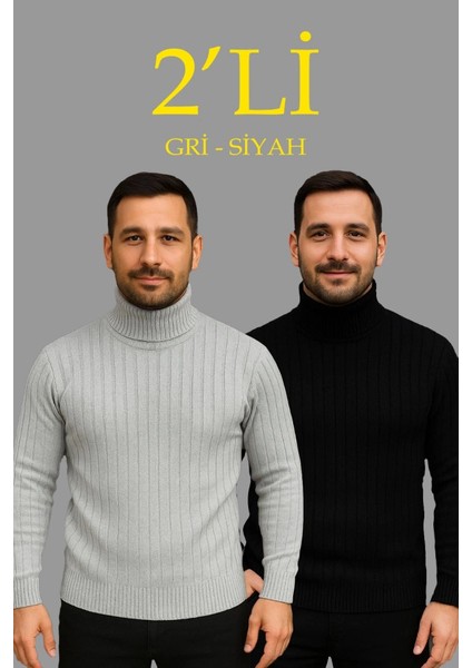 Mdb Erkek Fitilli Triko Kazak 2li Et Gri Iyah Regular Balıkcı Yaka Tam Boğazlı Triko Eti Odeli Kazak
