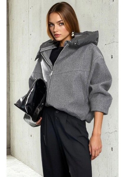 Kaşe Kaban Siyah Kapuşon Kahve