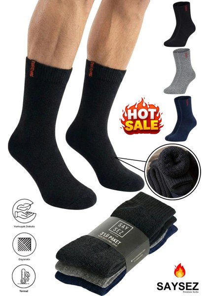 3 Çift Termal Erkek Kışlık Soket Havlu Kalın Çorap Dikişsiz Siyah-Lacivert-Gri Renk Premium Pamuk
