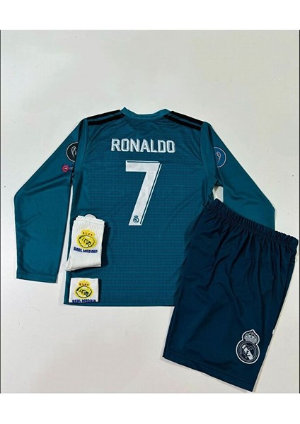 R.e.a.l M.a.d.r.i.d 2018 Cristiano Ronaldo Turkuaz Röveşata Uzun Kol Çocuk Forması 4'lü Set (Armalı) modelleri