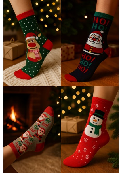 Unisex Yılbaşı Desenli 4'lü Paket Renkli Soket Çorap Christmas Happy New Year