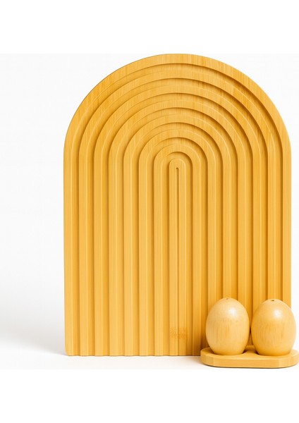 Arch Form 3’lü Sunum Seti + Yumurta Tuzluk – Ahşap Efektli Modern Dekor Paneli