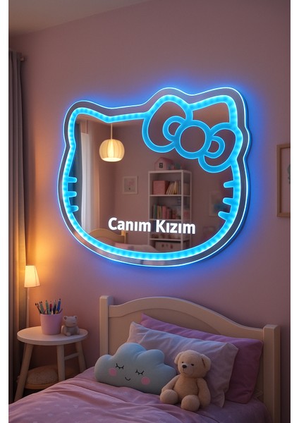 Hello Kitty Tasarımlı Işıklı Dekoratif Ayna-Pembe LED Işık