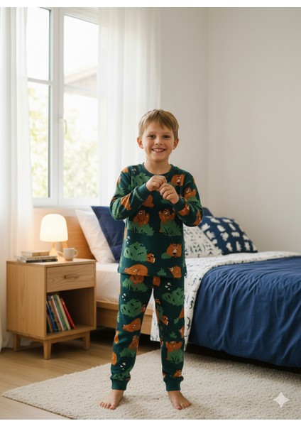 Ayıcık Desenli %100 Pamuk Interlok Erkek Çocuk Pijama Takımı