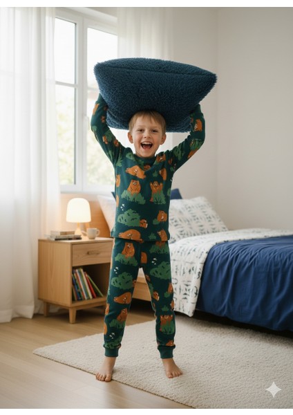 Ayıcık Desenli %100 Pamuk Interlok Erkek Çocuk Pijama Takımı modelleri