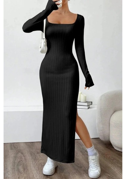 Kadın Trend U Yaka Yırtmaçlı Uzun Kol Kalın Fitili Elbise