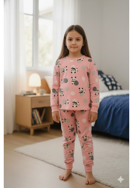 Panda Desenli %100 Pamuk Interlok Kız Çocuk Pijama Takımı