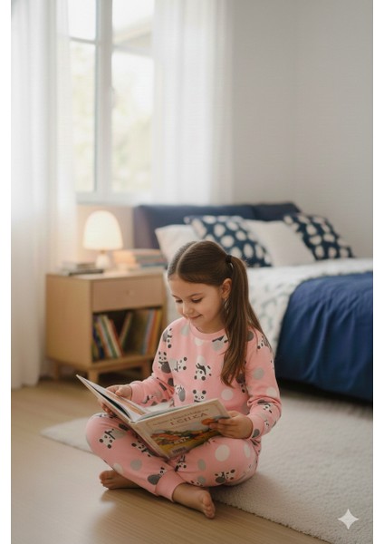 Panda Desenli %100 Pamuk Interlok Kız Çocuk Pijama Takımı modelleri