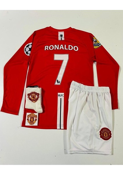 M.unitedd Moskova 2008 Sezonu Cristiano Ronaldo Uzun Kol Çocuk Forması 4'lü Set (Armalı) modelleri