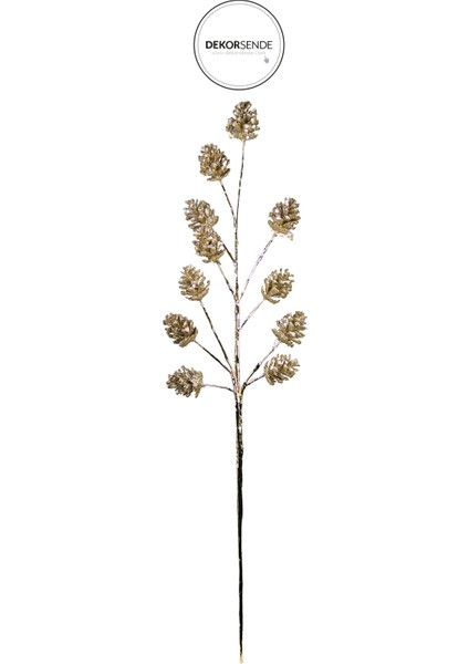 Yılbaşı Süsü Simli Kozalaklı Dal, 90 Cm, Şampanya Renkli, Şık ve Parıltılı Dekorasyon
