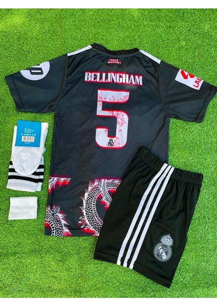 R.madridd 2024/24 Sezonu Jude Bellingham Dragon Desenli Konsept Çocuk Forması 4'lü Set(Black-Red)
