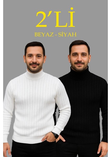 Mdb Erkek Fitilli Triko Kazak 2li Et Beyaz Iyah Regular Balıkcı Yaka Tam Boğazlı Triko Eti Odeli Kazak