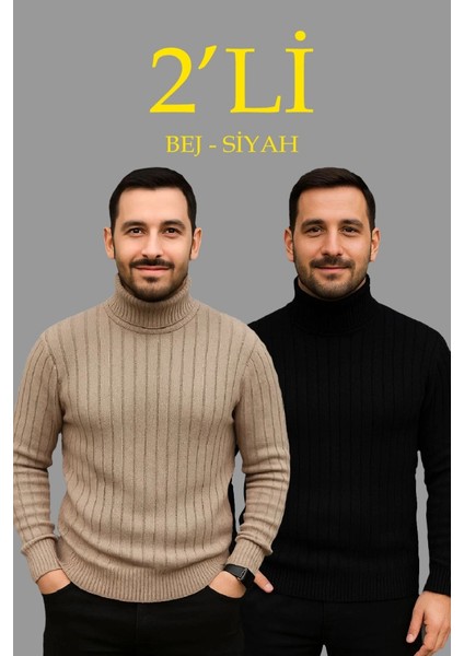 Mdb Erkek Fitilli Triko Kazak 2li Et Bej Iyah Regular Balıkcı Yaka Tam Boğazlı Triko Eti Odeli Kazak