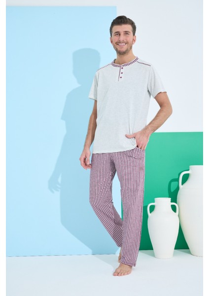 Erkek Kısa Kolpijama Takımı -Kırmızı Ekoseli--