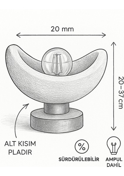 Luna Tasarım Masa Lambası Gri Bronz Detaylı Abajur Loş Amber Işık, Rustik Ampul Hediyeli 20 x 37 cm fırsatları