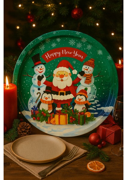 Yılbaşı Temalı Yeşil Metal Sunum Tepsisi – Santa Claus, Penguen ve Kardan Adam Desenli Happy New Year Servis Tepsisi