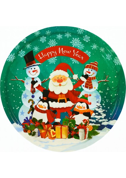 Yılbaşı Temalı Yeşil Metal Sunum Tepsisi – Santa Claus, Penguen ve Kardan Adam Desenli Happy New Year Servis Tepsisi fiyatları