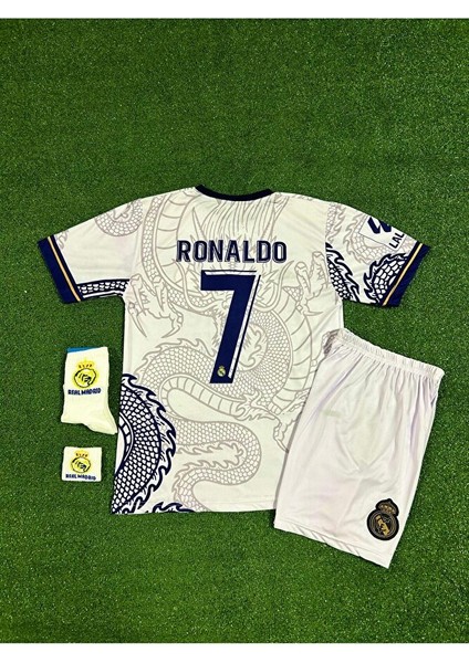Real Madrid Cristiano Ronaldo Beyaz Dragon Desenli Çocuk Forması 4'lü Set (Armalı) modelleri