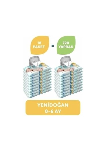 Uni Baby Yenidoğan Islak Mendil 18'li 720 Yaprak, Beyaz
