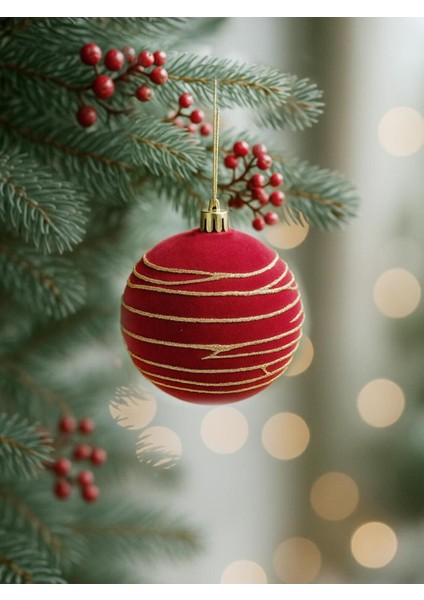 Kadife Yılbaşı Topu, Altın Simli Çam Süsü, Bordo, 8 Cm, 3'lü Set