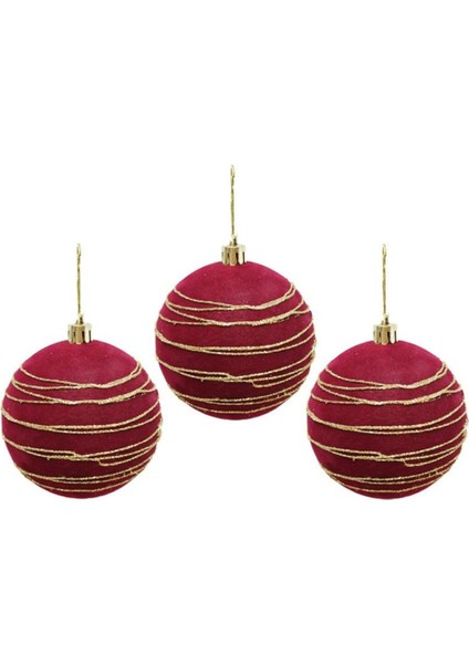 Kadife Yılbaşı Topu, Altın Simli Çam Süsü, Bordo, 8 Cm, 3'lü Set fiyatları