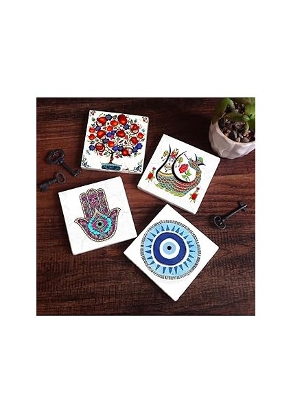 Pinecone Stone Nazar, Fatma Ana Eli (Hamsa), Şahmeran, Nar Ağacı Taş Bardak Altlığı Seti - 4 Parça