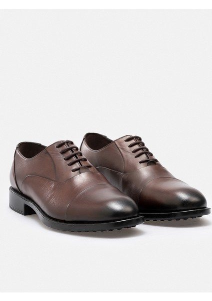 Ayakkabı Kahverengi Hakiki Deri El Yapımı Oxford Cap Toe Çift Dokulu Erkek Ayakkabı
