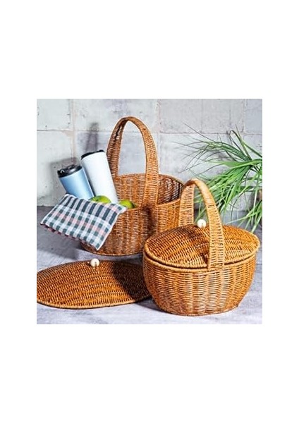 Kosova Wicker 2'li Kulplu Kapaklı Hasır Piknik Sepeti Seti