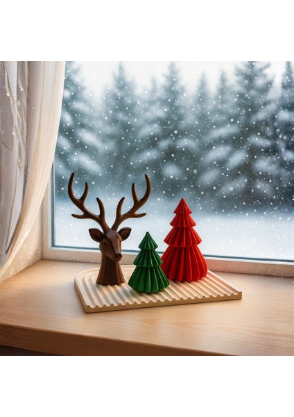 El Yapımı Yılbaşı Dekor Seti – Geyik, Büyük & Küçük Çam Ağaçları ve 22×22 Sunum Tepsisi (4 Parça)