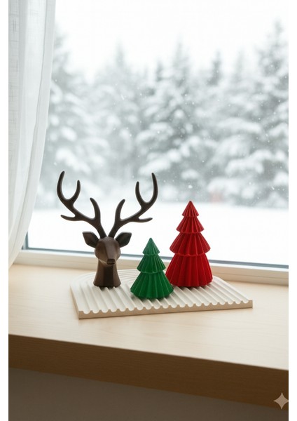 El Yapımı Yılbaşı Dekor Seti – Geyik, Büyük & Küçük Çam Ağaçları ve 22×22 Sunum Tepsisi (4 Parça) indirimleri