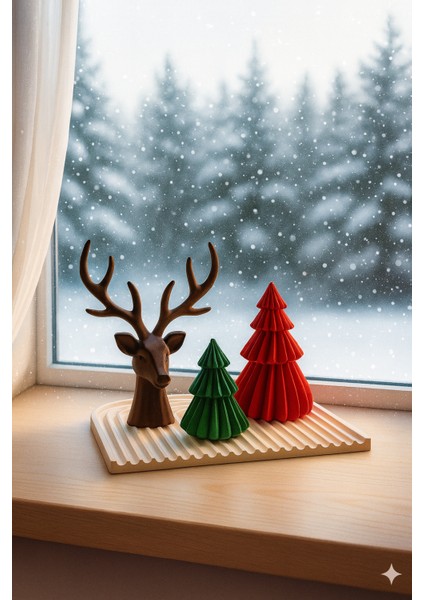 El Yapımı Yılbaşı Dekor Seti – Geyik, Büyük & Küçük Çam Ağaçları ve 22×22 Sunum Tepsisi (4 Parça)