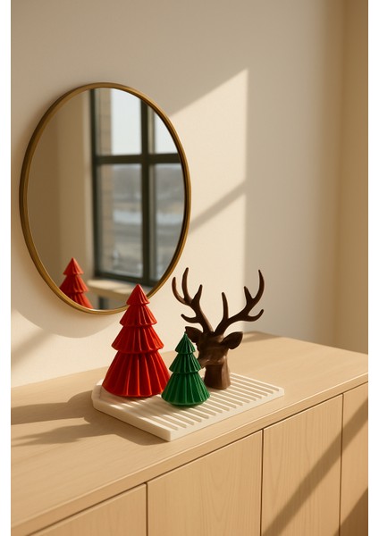 El Yapımı Yılbaşı Dekor Seti – Geyik, Büyük & Küçük Çam Ağaçları ve 22×22 Sunum Tepsisi (4 Parça)