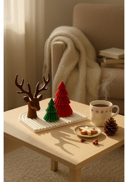 El Yapımı Yılbaşı Dekor Seti – Geyik, Büyük & Küçük Çam Ağaçları ve 22×22 Sunum Tepsisi (4 Parça)