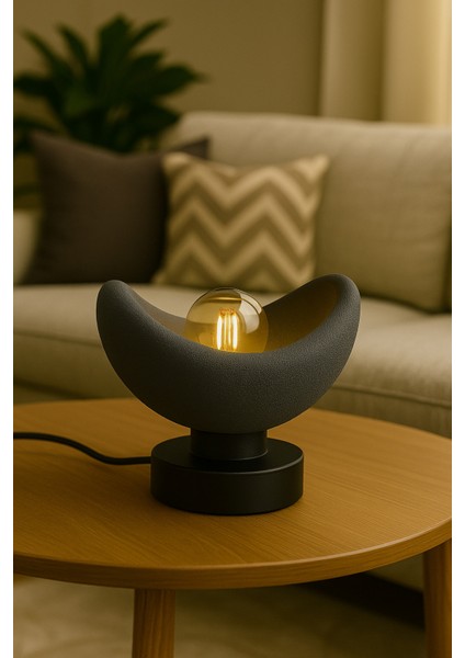 Luna Tasarım Masa Lambası Gri Bronz Detaylı Abajur Loş Amber Işık, Rustik Ampul Hediyeli 20 x 37 cm