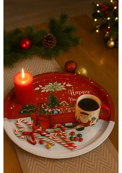 Yılbaşı Temalı Kırmızı Kamyon Metal Sunum Tepsisi – Happy New Year Desenli Servis Tepsisi