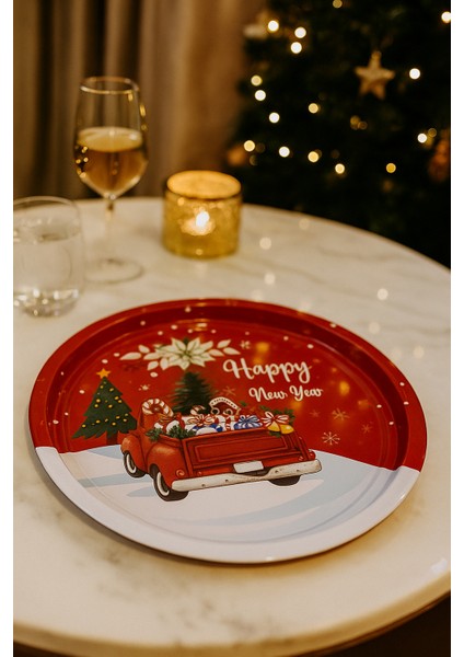 Yılbaşı Temalı Kırmızı Kamyon Metal Sunum Tepsisi – Happy New Year Desenli Servis Tepsisi fiyatları