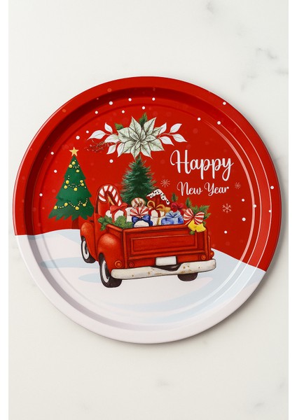 Yılbaşı Temalı Kırmızı Kamyon Metal Sunum Tepsisi – Happy New Year Desenli Servis Tepsisi modelleri