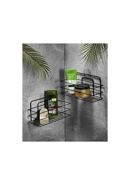 Sas Haus Ömür Boyu Paslanmaz Yapışkanlı Banyo Düzenleyici Şampuanlık Duş Rafı 2 Adet Siyah Tş-01