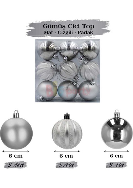 Gümüş/gri Çizgi Desenli 9'lu Yılbaşı Ağacı Top Süs