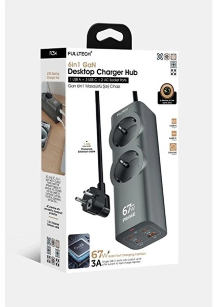 67W Hızlı Şarjlı Akıllı Çoklu Priz – 2000W Güç, 2 Usb-C + 2 Usb-A Çıkışlı, Telefon & Laptop Uyumlu - Lisinya