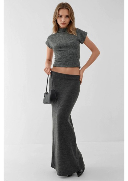 Kadın Elastik Bel Yumuşak Dokulu Yırtmaçlı Etek Koyu Gri
