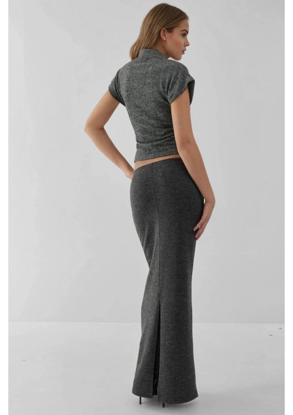 Kadın Elastik Bel Yumuşak Dokulu Yırtmaçlı Etek Koyu Gri