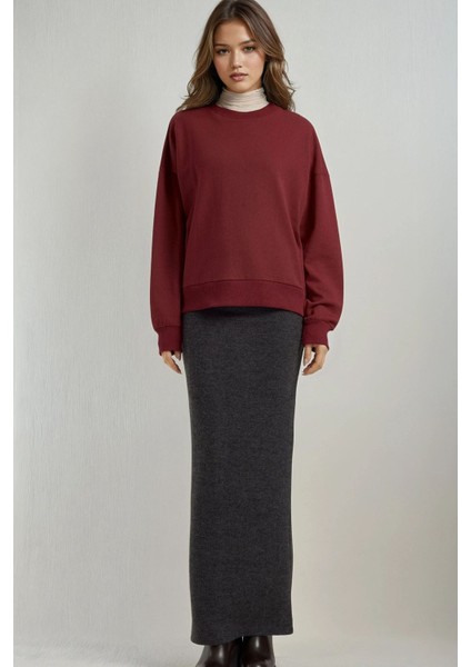 Kadın Elastik Bel Yumuşak Dokulu Yırtmaçlı Etek Koyu Gri